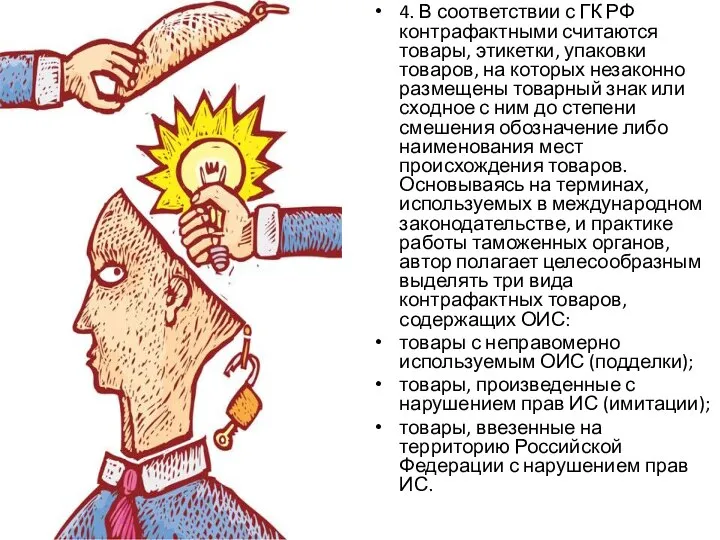 4. В соответствии с ГК РФ контрафактными считаются товары, этикетки, упаковки