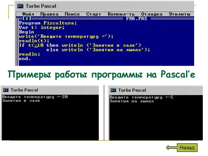 Примеры работы программы на Pascal’e Назад