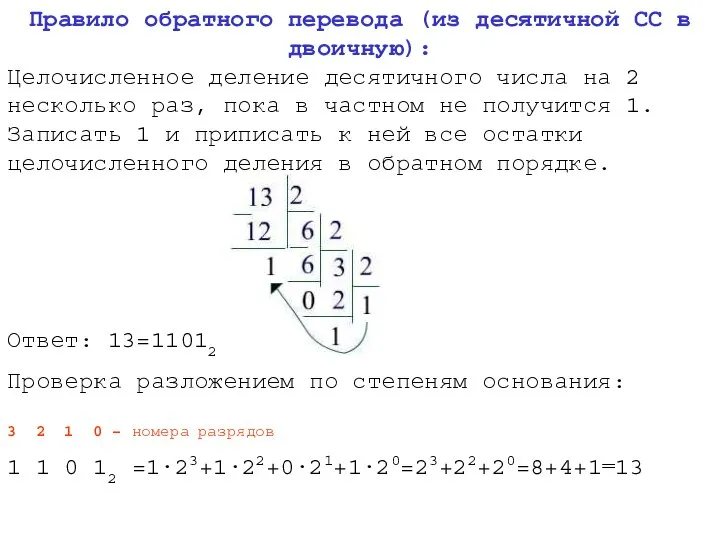 Правило обратного перевода (из десятичной СС в двоичную): Целочисленное деление десятичного