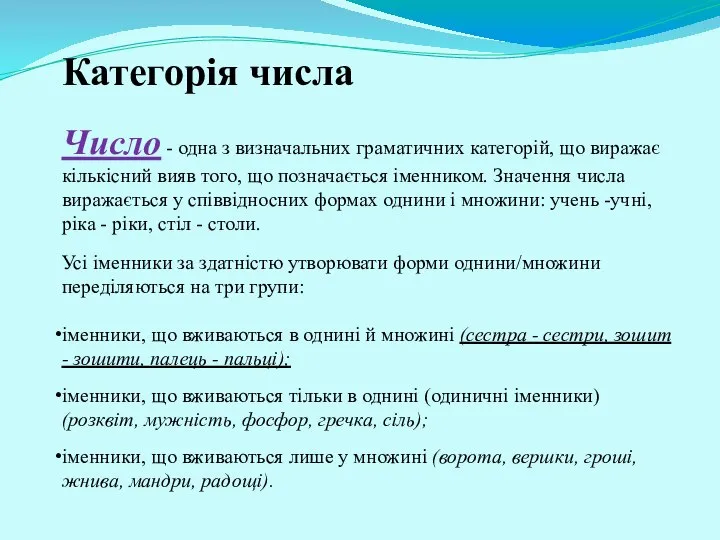 Число - одна з визначальних граматичних категорій, що виражає кількісний вияв