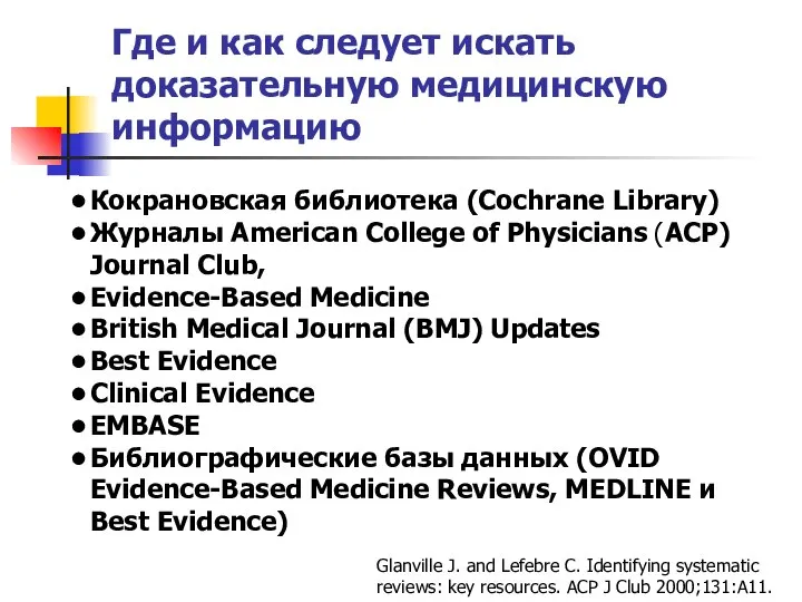 Кокрановская библиотека (Cochrane Library) Журналы American College of Physicians (ACP) Journal