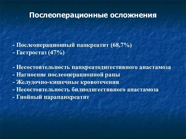 Послеоперационные осложнения - Послеоперационный панкреатит (68,7%) - Гастростаз (47%) - Несостоятельность