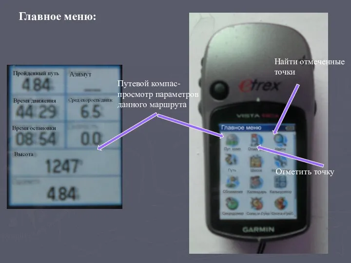 Главное меню: Отметить точку Найти отмеченные точки Путевой компас- просмотр параметров данного маршрута