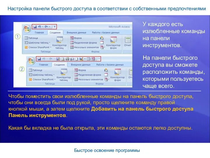 Быстрое освоение программы Настройка панели быстрого доступа в соответствии с собственными