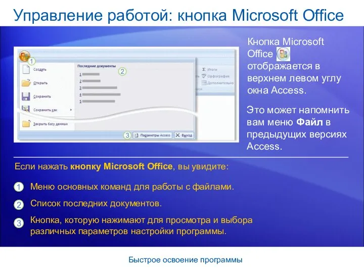 Быстрое освоение программы Управление работой: кнопка Microsoft Office Кнопка Microsoft Office