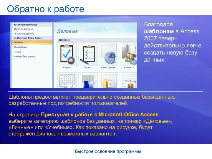 Быстрое освоение программы Обратно к работе Благодаря шаблонам в Access 2007