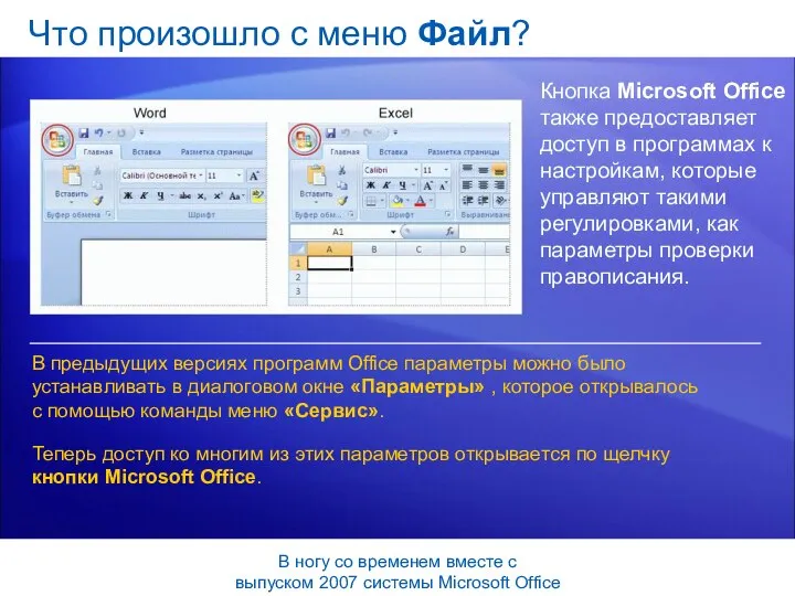 Что произошло с меню Файл? Кнопка Microsoft Office также предоставляет доступ