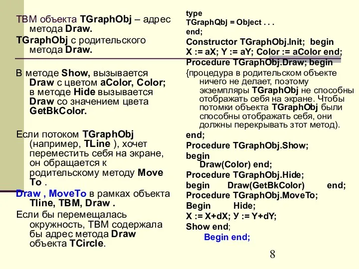 ТВМ объекта TGraphObj – адрес метода Draw. TGraphObj с родительского метода