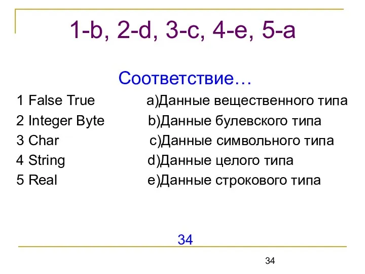 Соответствие… 1 False True a)Данные вещественного типа 2 Integer Byte b)Данные