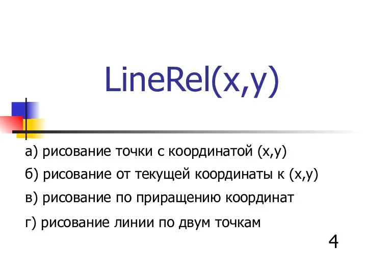 LineRel(x,y) а) рисование точки с координатой (x,y) б) рисование от текущей