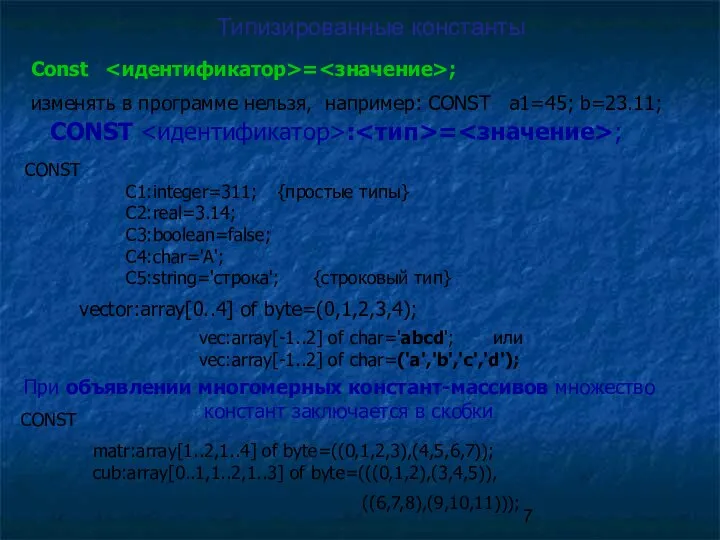 Типизированные константы Сonst = ; изменять в программе нельзя, например: CONST