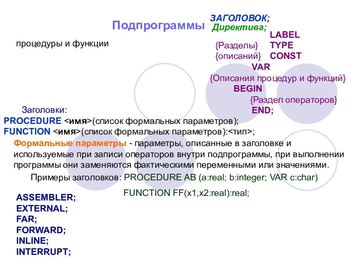 Подпрограммы процедуры и функции Заголовки: PROCEDURE (список формальных параметров); FUNCTION (список