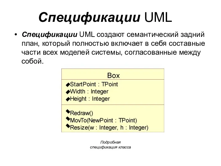 Спецификации UML Спецификации UML создают семантический задний план, который полностью включает