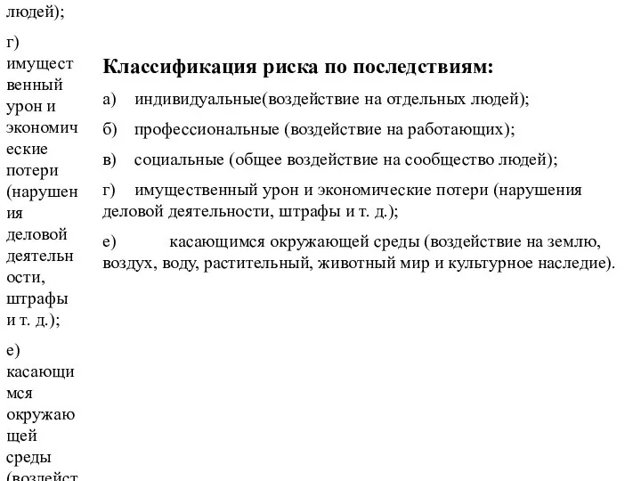 Классификация риска по последствиям: а) индивидуальные(воздействие на отдельных людей); б) профессиональные