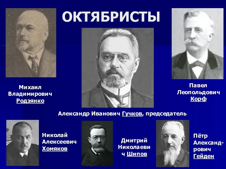 ОКТЯБРИСТЫ Михаил Владимирович Родзянко Александр Иванович Гучков, председатель Дмитрий Николаевич Шипов