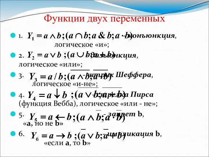 Функции двух переменных 1. - конъюнкция, логическое «и»; 2. - дизъюнкция,