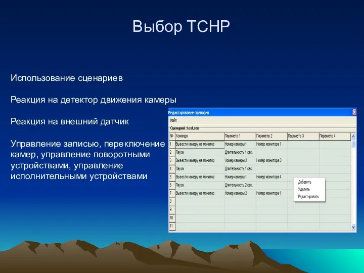 Выбор ТСНР Использование сценариев Реакция на детектор движения камеры Реакция на