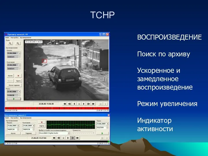 ТСНР ВОСПРОИЗВЕДЕНИЕ Поиск по архиву Ускоренное и замедленное воспроизведение Режим увеличения Индикатор активности