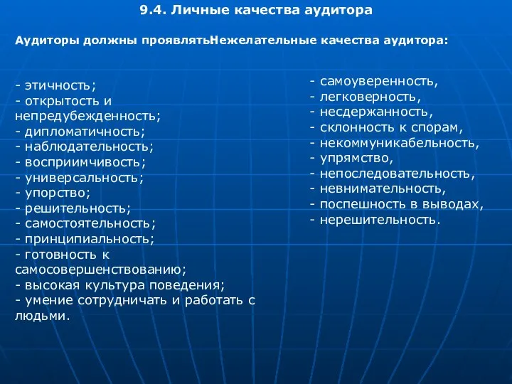 9.4. Личные качества аудитора Нежелательные качества аудитора: - самоуверенность, - легковерность,