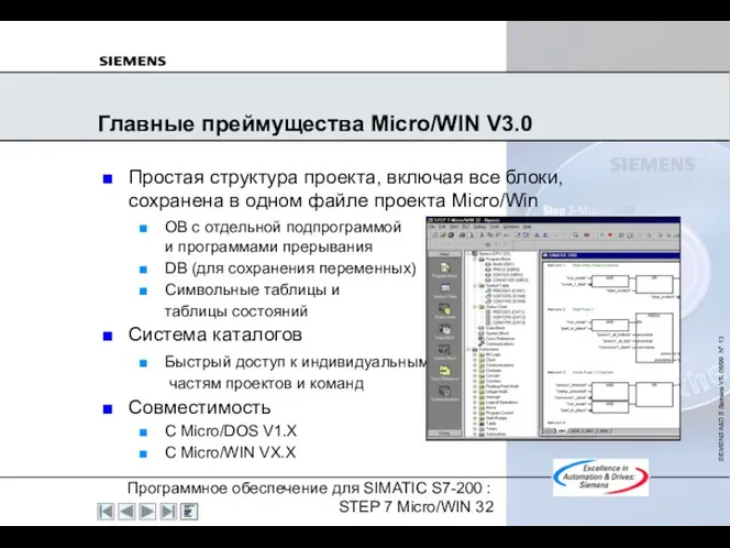 Главные преймущества Micro/WIN V3.0 Простая структура проекта, включая все блоки, сохранена