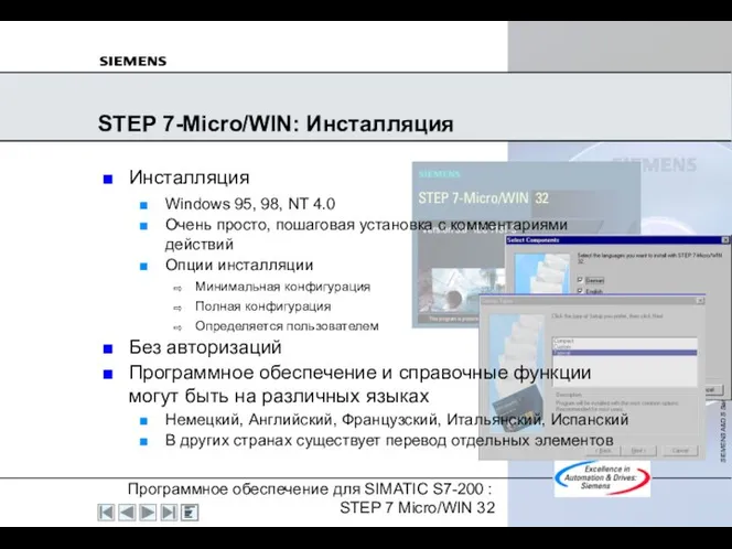 STEP 7-Micro/WIN: Инсталляция Инсталляция Windows 95, 98, NT 4.0 Очень просто,