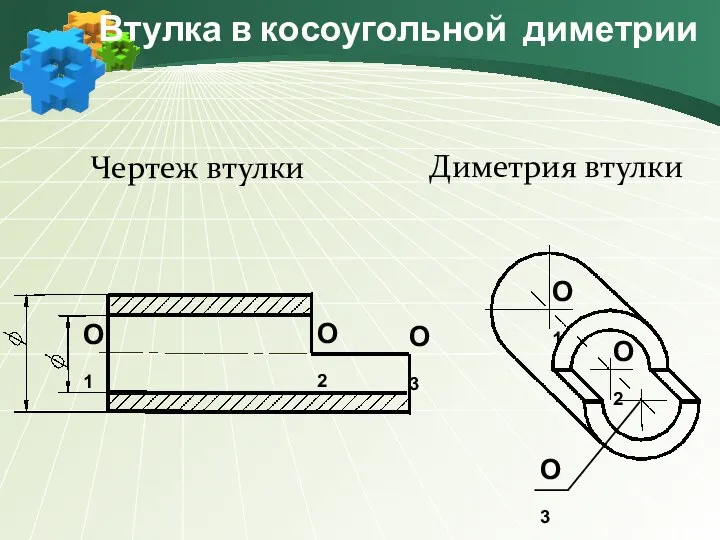 Втулка в косоугольной диметрии Чертеж втулки Диметрия втулки О1 О2 О3 О1 О2 О3