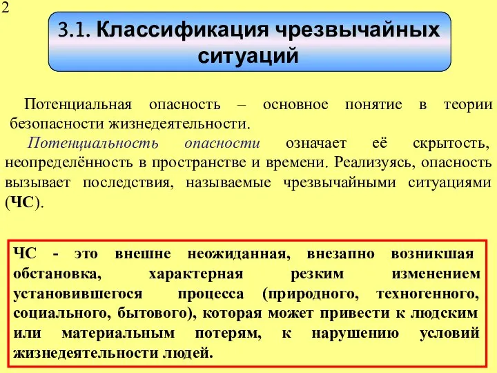 3.1. Классификация чрезвычайных ситуаций Потенциальность опасности означает её скрытость, неопределённость в