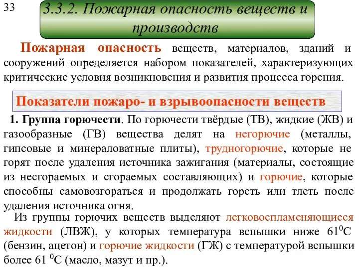 3.3.2. Пожарная опасность веществ и производств Пожарная опасность веществ, материалов, зданий