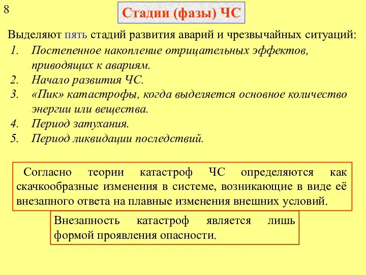 Стадии (фазы) ЧС Выделяют пять стадий развития аварий и чрезвычайных ситуаций: