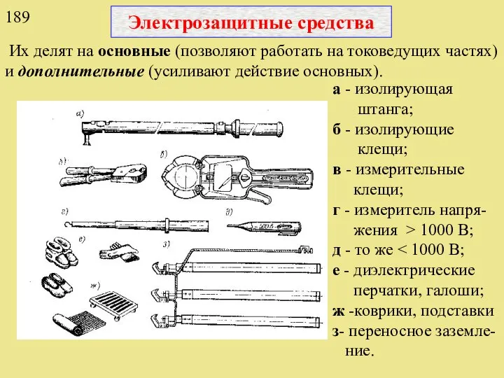 Электрозащитные средства Их делят на основные (позволяют работать на токоведущих частях)