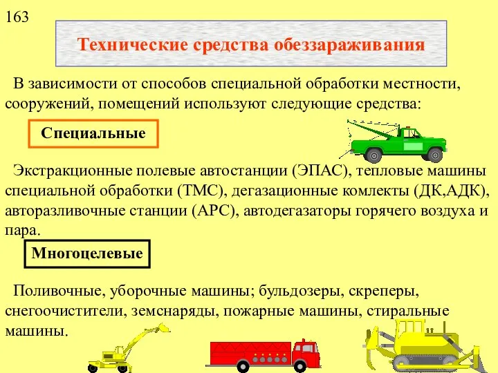 Технические средства обеззараживания В зависимости от способов специальной обработки местности, сооружений,