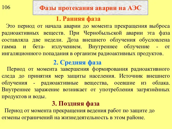 Фазы протекания аварии на АЭС 1. Ранняя фаза Это период от