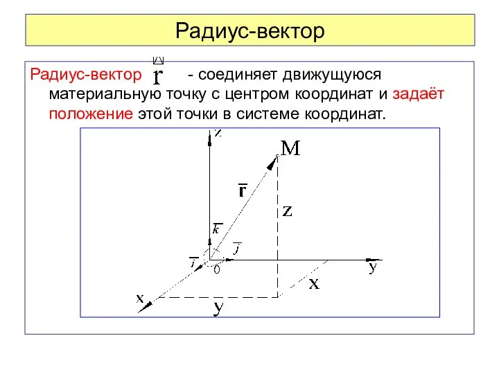 Радиус-вектор Радиус-вектор - соединяет движущуюся материальную точку с центром координат и