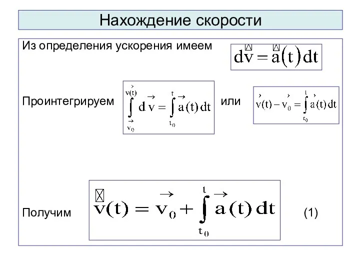 Нахождение скорости Из определения ускорения имеем Проинтегрируем или Получим (1)