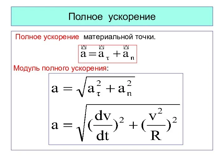 Полное ускорение Полное ускорение материальной точки. Модуль полного ускорения: