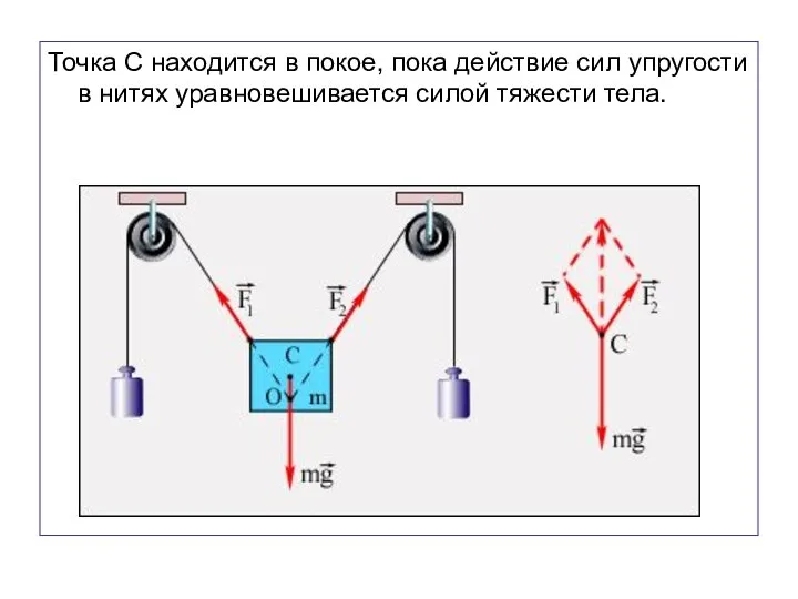 Точка С находится в покое, пока действие сил упругости в нитях уравновешивается силой тяжести тела.