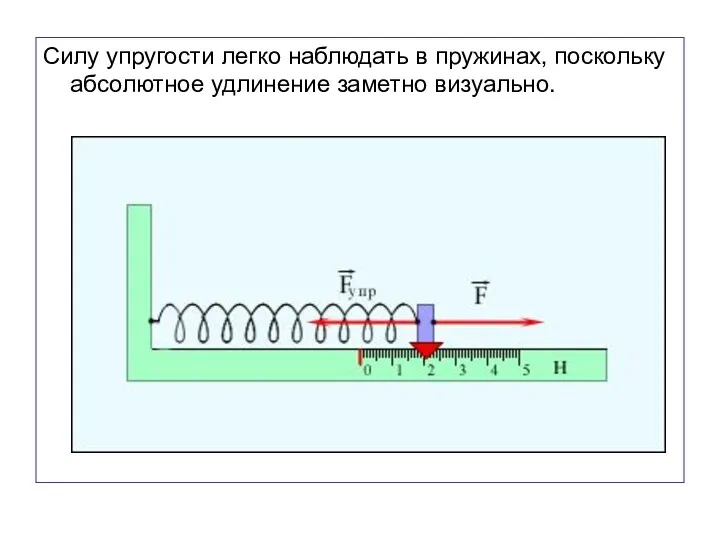 Силу упругости легко наблюдать в пружинах, поскольку абсолютное удлинение заметно визуально.