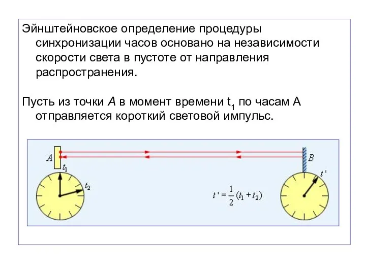 Эйнштейновское определение процедуры синхронизации часов основано на независимости скорости света в