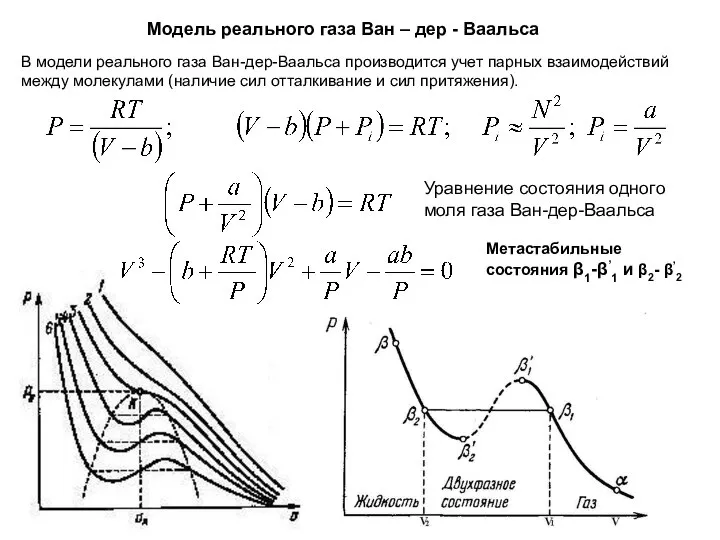 Модель реального газа Ван – дер - Ваальса В модели реального