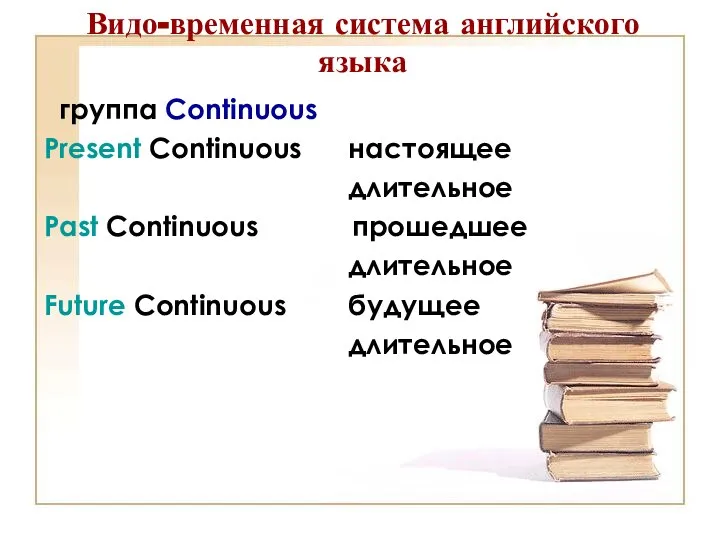 Видо-временная система английского языка группа Continuous Present Continuous настоящее длительное Past