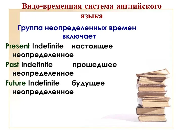 Видо-временная система английского языка Группа неопределенных времен включает Present Indefinite настоящее