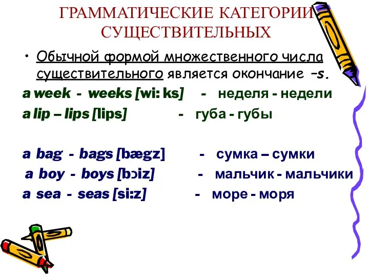 ГРАММАТИЧЕСКИЕ КАТЕГОРИИ СУЩЕСТВИТЕЛЬНЫХ Обычной формой множественного числа существительного является окончание –s.