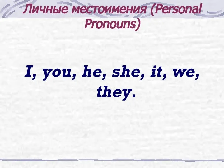 Личные местоимения (Personal Pronouns) I, you, he, she, it, we, they.