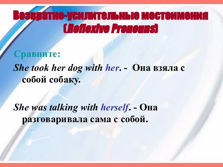 Возвратно-усилительные местоимения (Reflexive Pronouns) Сравните: She took her dog with her.