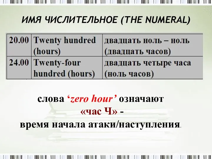 ИMЯ ЧИСЛИТЕЛЬНОЕ (THE NUMЕRAL) слова ‘zero hour’ означают «час Ч» - время начала атаки/наступления.