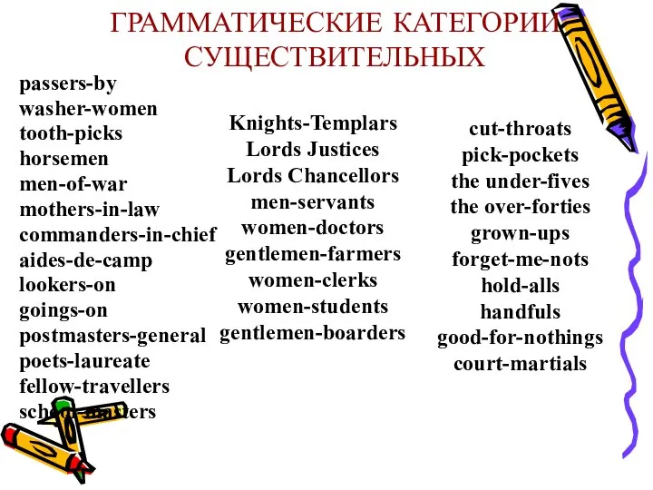 ГРАММАТИЧЕСКИЕ КАТЕГОРИИ СУЩЕСТВИТЕЛЬНЫХ passers-by washer-women tooth-picks horsemen men-of-war mothers-in-law commanders-in-chief aides-de-camp