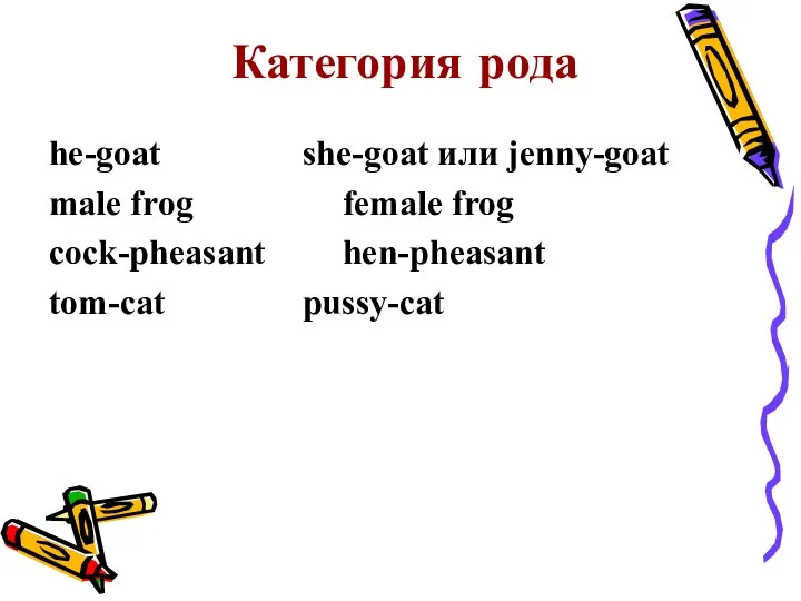 Категория рода he-goat she-goat или jenny-goat male frog female frog cock-pheasant hen-pheasant tom-cat pussy-cat