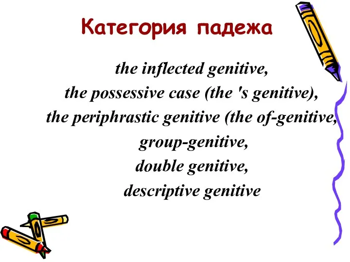 Категория падежа the inflected genitive, the possessive case (the 's genitive),