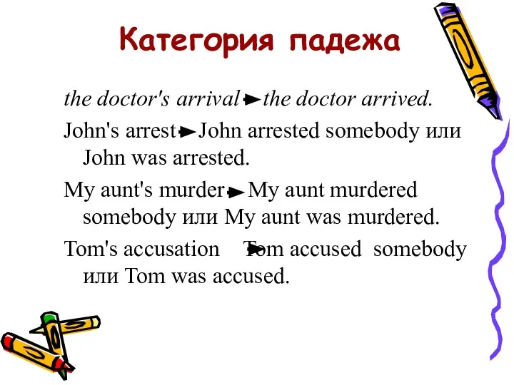 Категория падежа the doctor's arrival the doctor arrived. John's arrest John