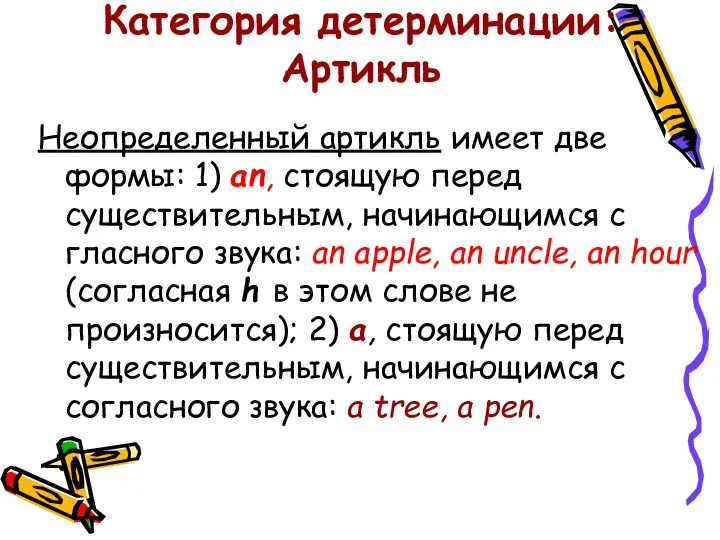 Категория детерминации: Артикль Неопределенный артикль имеет две формы: 1) an, стоящую